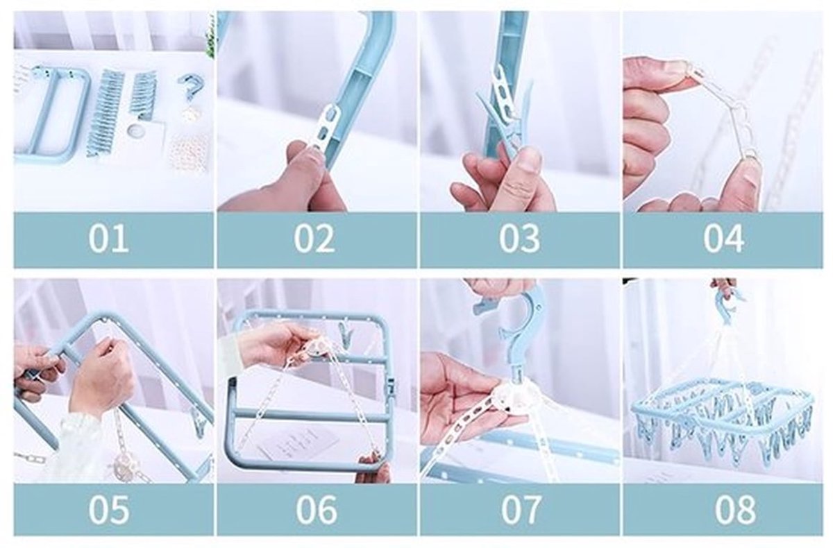 Washanger Winddicht - Opvouwbaar Droogrek - 32 Clips met Antisliptanden - Lichtgewicht Hanger - Geschikt voor Camping - Ruimtebesparend Ontwerp - Waslijn