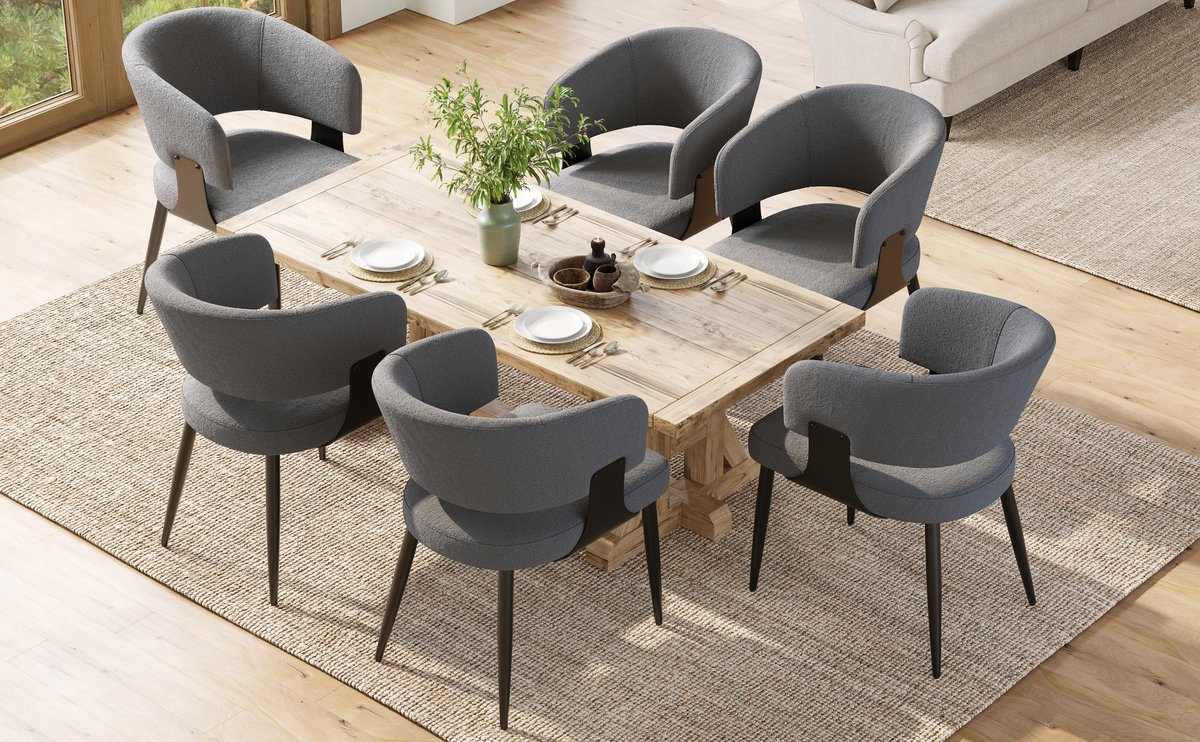 Clruro Eetkamerstoel Set van 6 - 59 x 46,5 x 81,5 cm - Gebogen Rug - Flanel/Metaal - Beige/Grijs