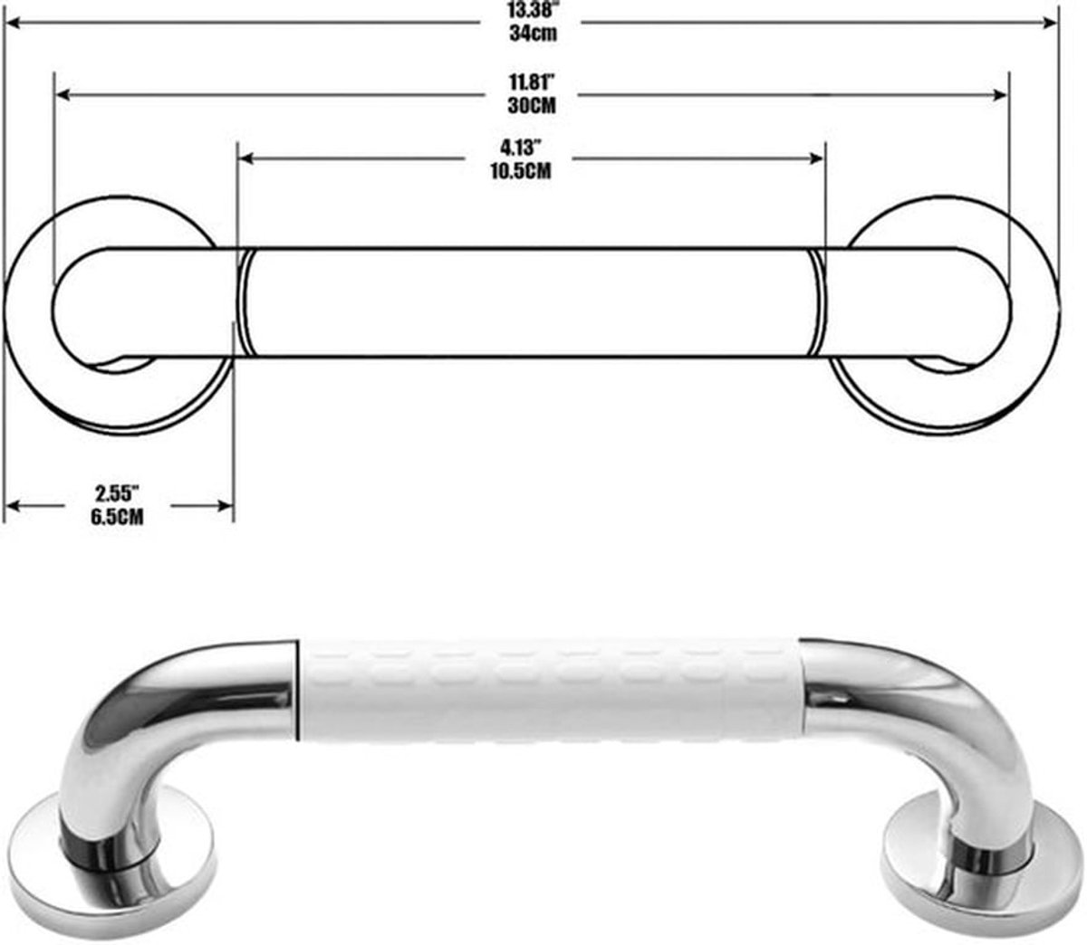 Badsteun Antislip - Badbeugel - Wandgreep - Roestvrij Staal - 30 cm - Draagvermogen tot 200 kg