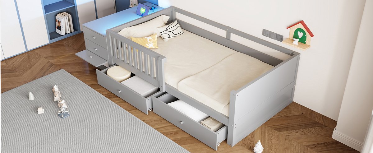 Hoogslaper 90 x 200 cm Zonder Matras - Kinderbed Met Opbergruimte, Bureau, LED Verlichting En Stopcontact - Metaal En MDF - Grijs