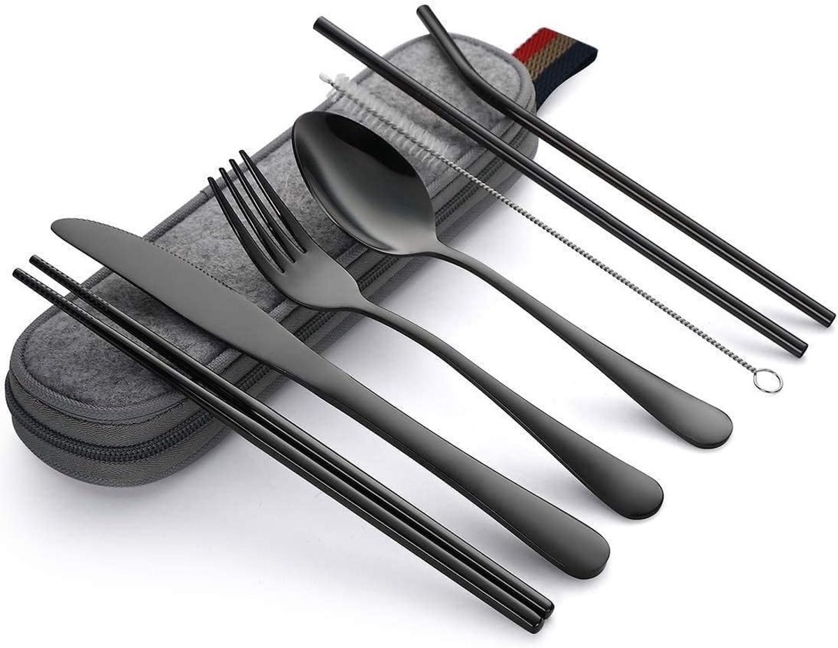 Draagbare RVS Reisbestekset van 8 Stukken met Etui - Ideaal voor Kamperen, Picknicks en Kantoorgebruik