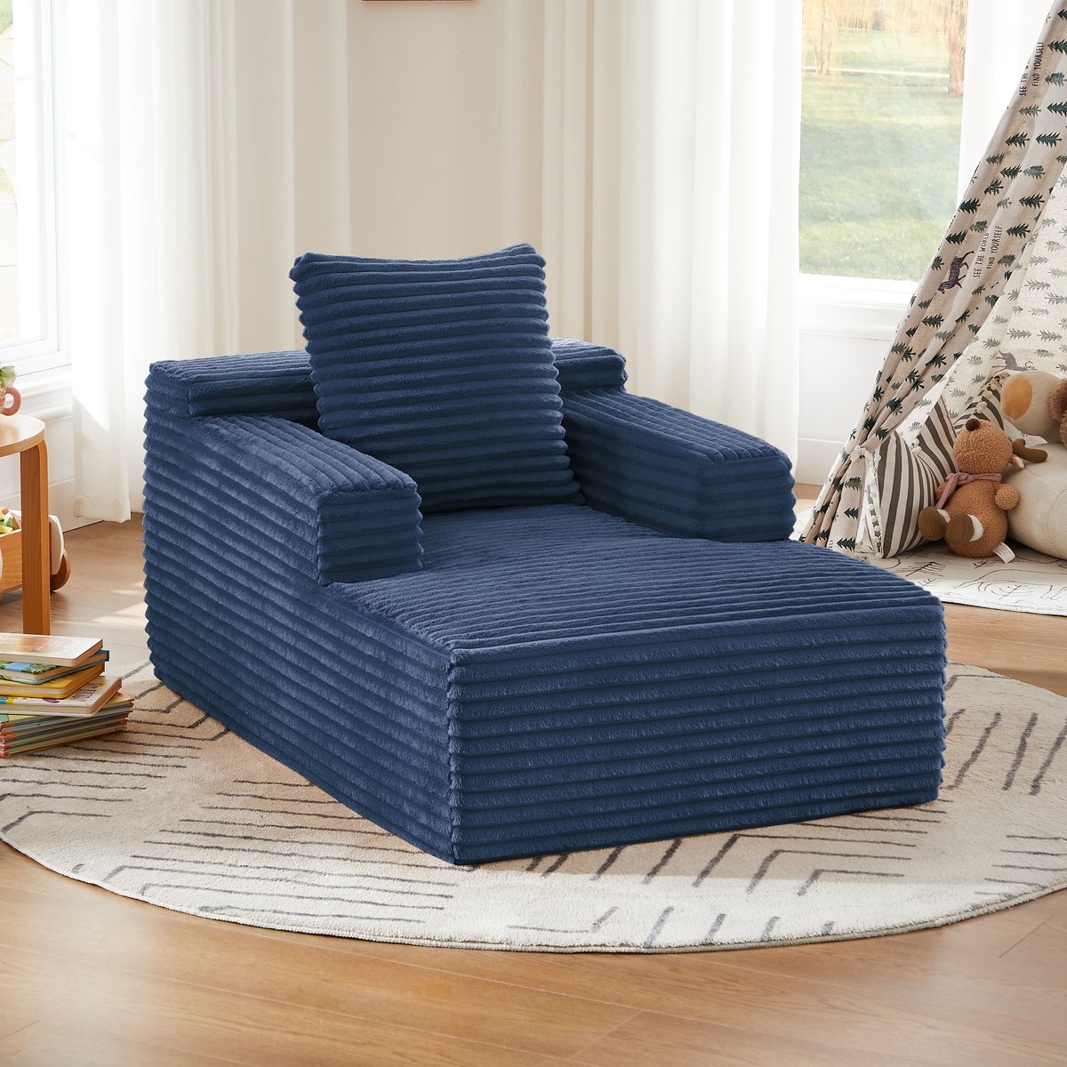 HAUSS SPOLE Chaise Longue - 1-Zits Relaxstoel En Slaapsofa - Zonder Montage Met Armleuningen - Voor Woonkamer En Kantoor - Ribstof Blauw