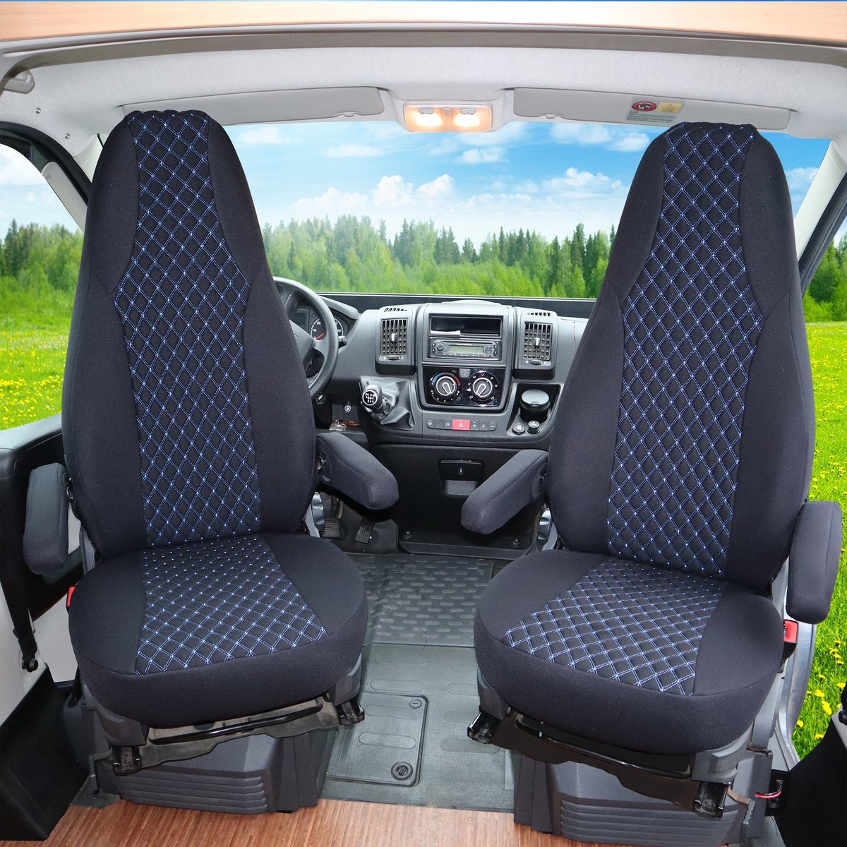 Premium Camper stoelhoezen voor ISRI WMI706 in Zwart/Blauw (2 losse stoelen)