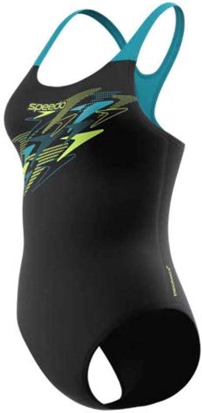 Zwart Speedo badpak, zijkant, met turquoise bandjes en een grafische print in groen en blauw.