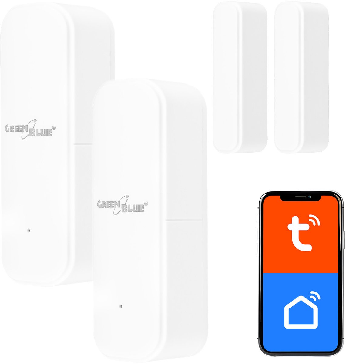 GreenBlue - Tuya slimme wifi- deur en raamsensor - Draadloze reedschakelaar - WiFi-openingssensor - 3,0 V DC, LR03x2, GB479 W - 2 stuks