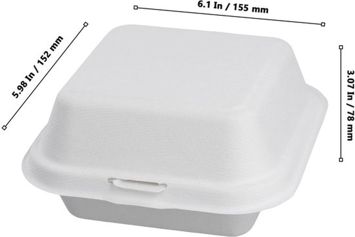 Burgerdozen 100 Stuks - Witte Afhaaldozen - Voedsel Opslag Containers - Magnetron/Vriezer Geschikt - Suikerriet Pulp - 6 Inch Afmetingen