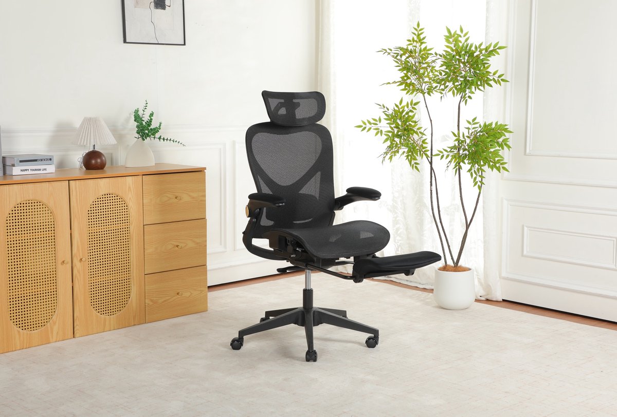 MIVRAY Bureaustoel 67 Cm Ergonomisch Klapbaar Met 3D Hoofdsteun Lendensteun En Voetsteun Voor Kantoor Studie En Gaming Gaasstof Zwart