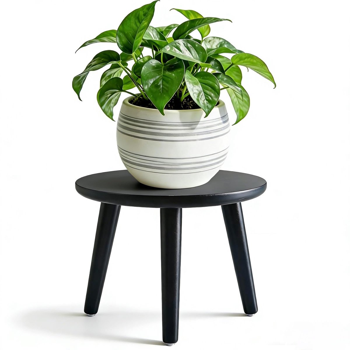 Famanu – Plantenstandaard van hout, 28 x 22 cm, ronde bloemenstandaard, stevige bloemenkruk met 3 poten, voor huis, tuin, binnen en buiten, decoratie, zwart