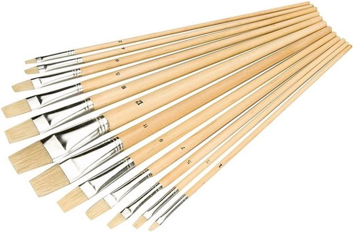 Penseelset 12 Delig met Platte Punten - Voor Acryl, Olieverf & Aquarel