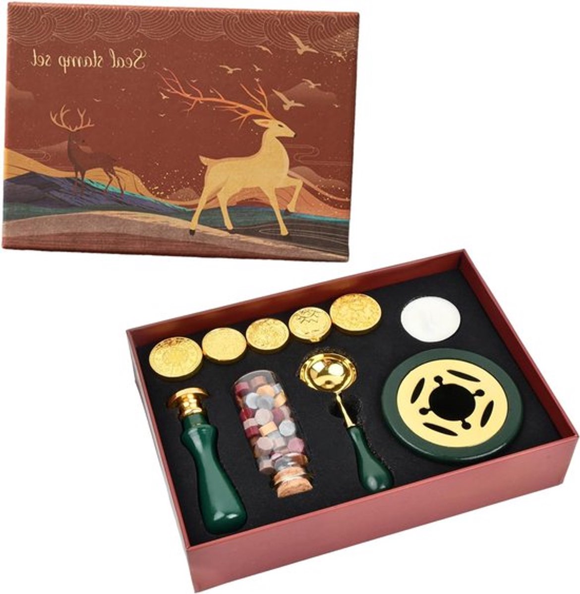Complete Wax Seal Stempelset met 6 Stempelhoofden, Houten Handvat, Wax Kralen en Lepel voor Uitnodigingskaarten en Ambachtelijke Projecten