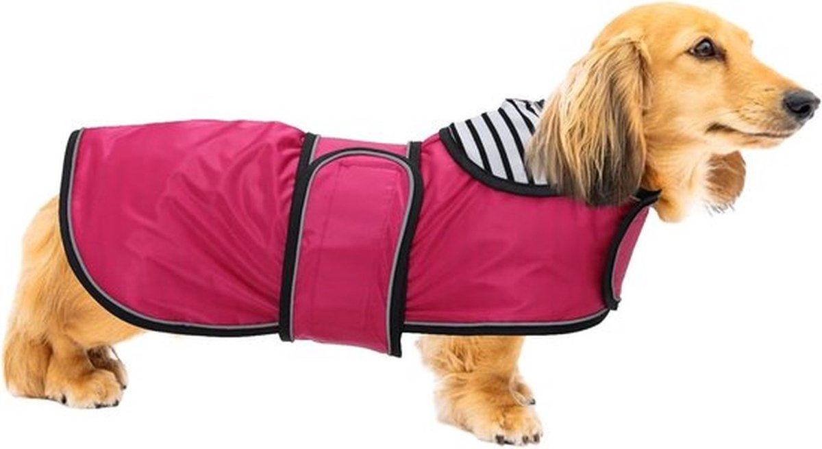 Verstelbare lichtgewicht hondenjas voor teckels, waterdichte regenjas met reflecterende banden en harnasopening, ideaal cadeau voor je hond - Roze - L