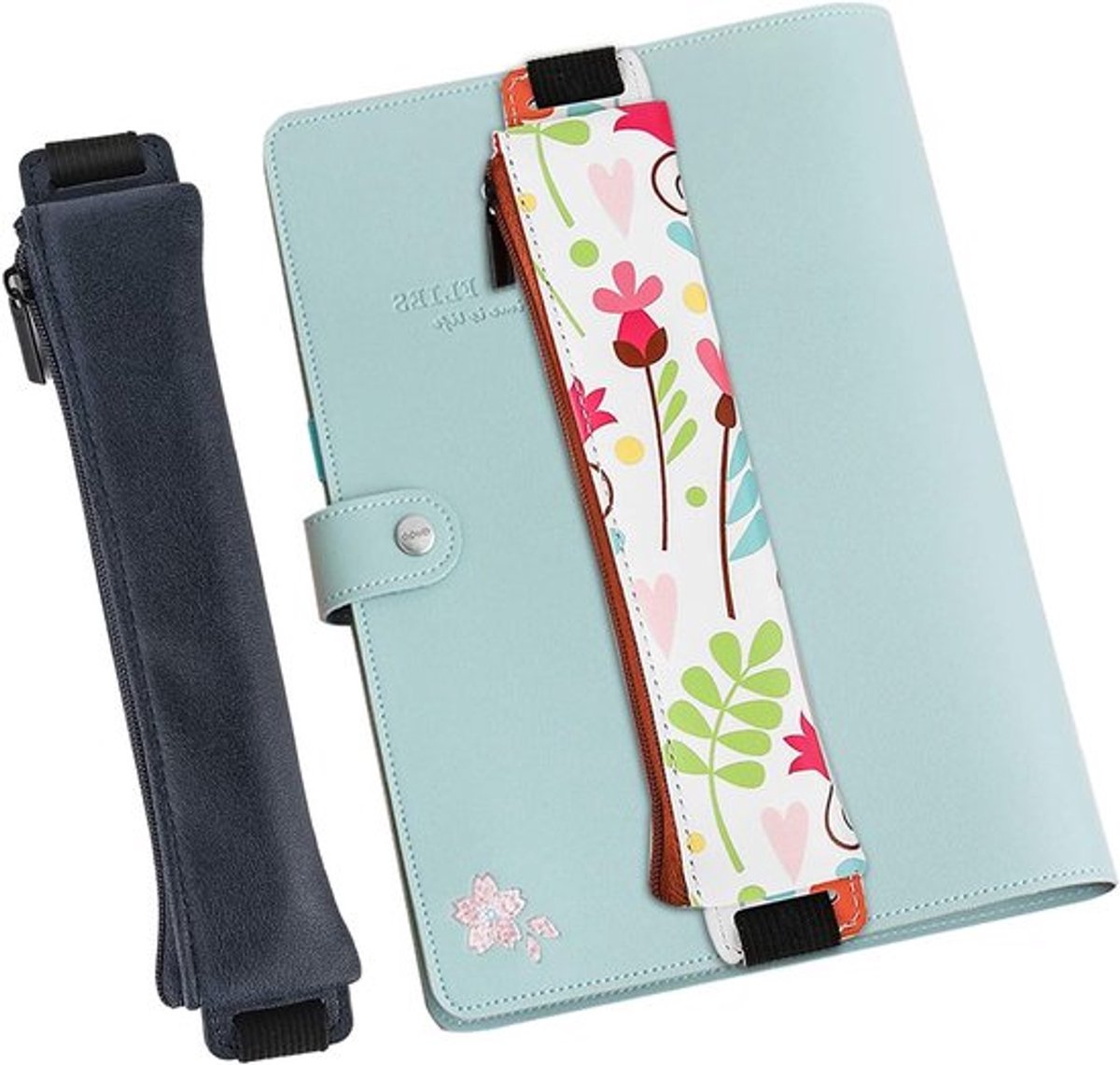 Etui-Set van PU-leer - 2 stuks met ritssluiting, etui voor schoolbenodigdheden, pennen, potloden en markers in donkerblauw met elastische band