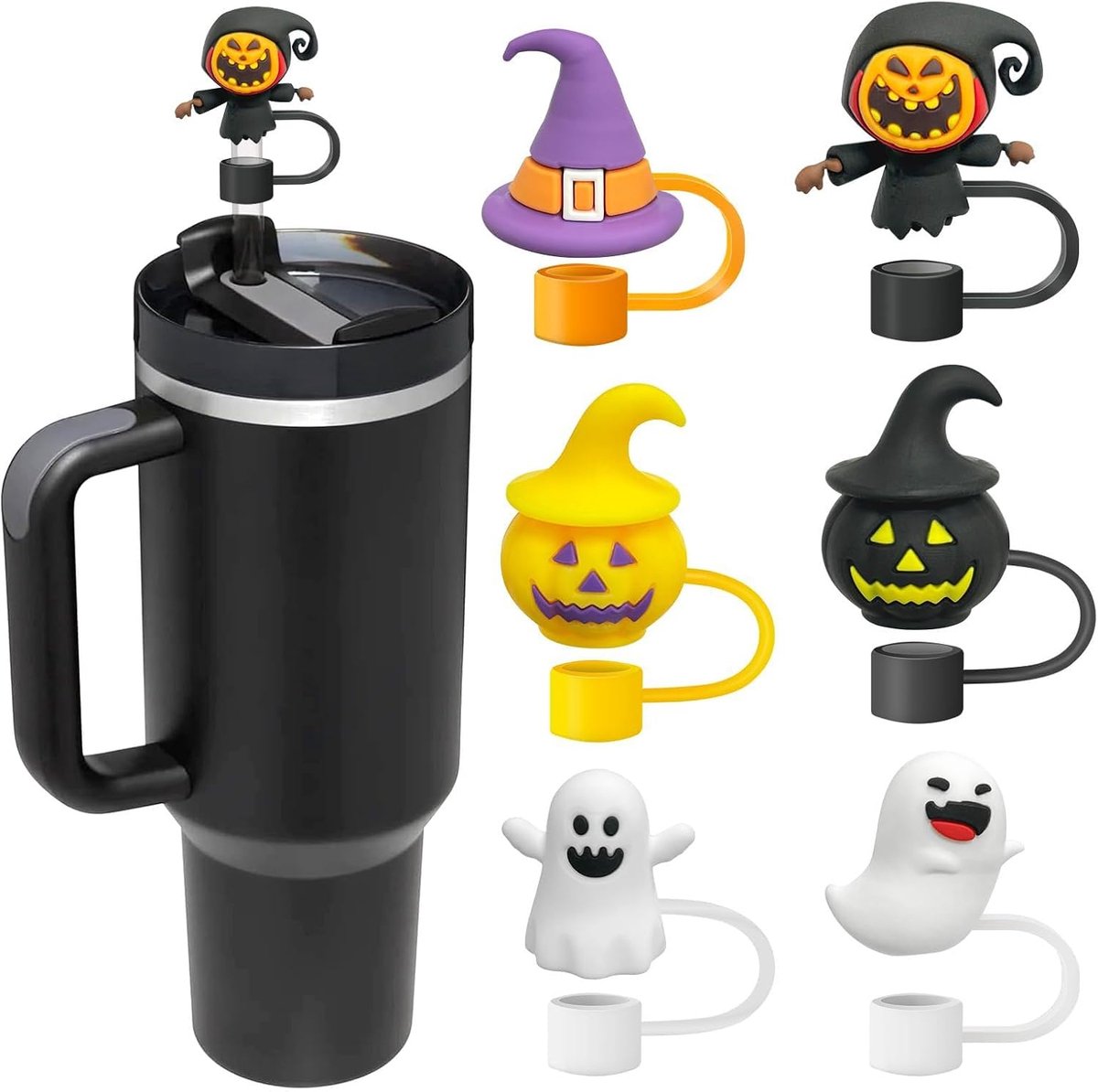 Pack of 6 Halloween Straw Caps for 90 and 1200 ml Cups, 10 mm Dust Protection, Reusable Silicone Caps, Suitable for - ShopVlot