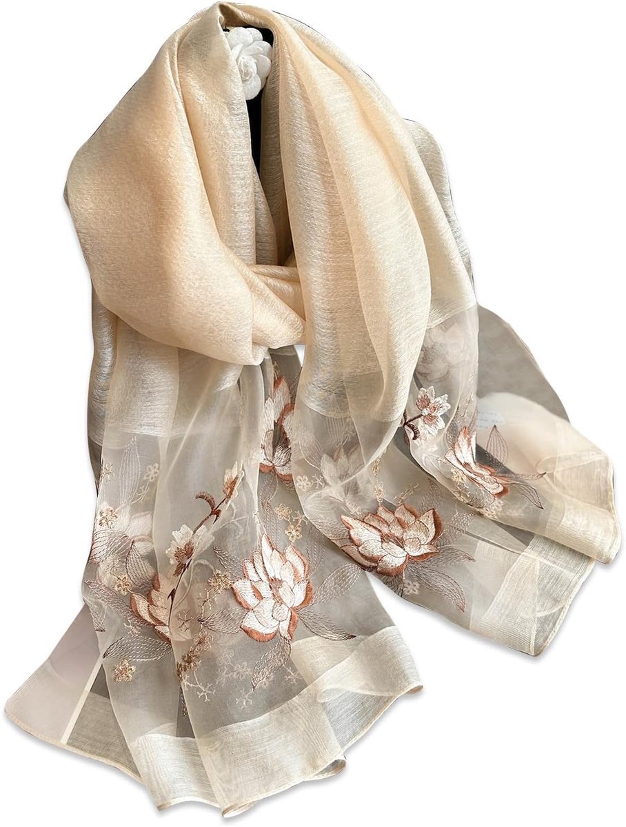 LumiSyne Silk scarf chiffon scarf women's delicate roses embroidery transparent tulle light soft long neckerchiefs sun - ShopVlot