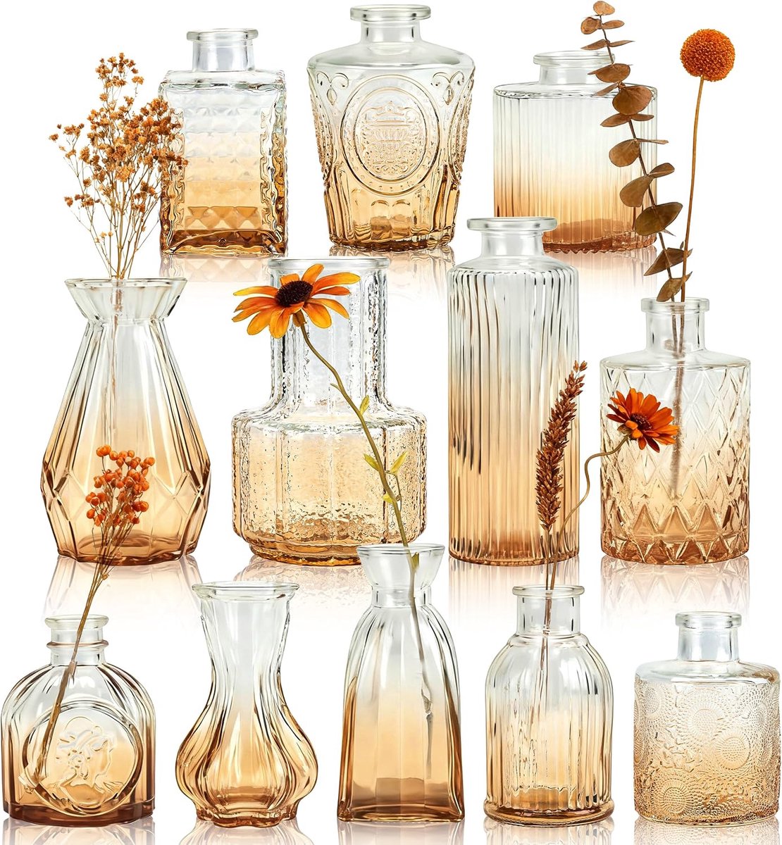 Glazen Bud Vazen Set van 12 - Mini Vazen met Unieke Ontwerpen - Vintage Decoratie voor Tafel - ShopVlot