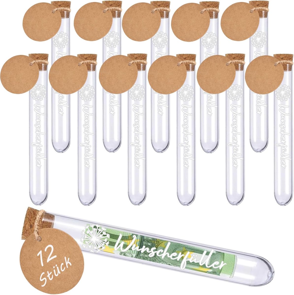 Geldcadeau wensvullers 12 stuks - transparante reageerbuisjes - met paardenbloem stickers - voor verjaardagen en meer - ShopVlot