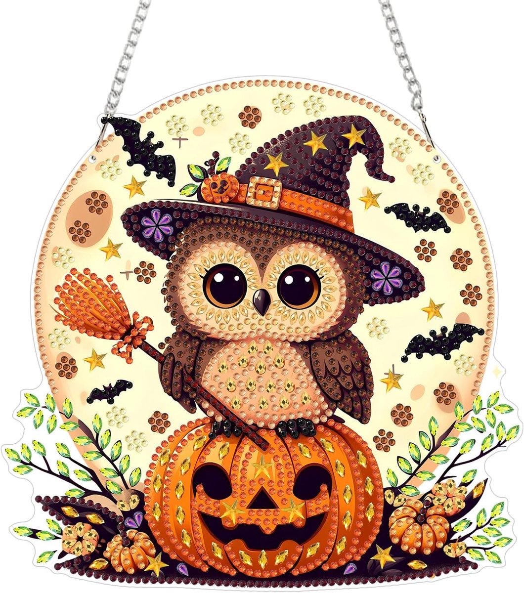 Diamantschilderij hanger - Halloween pompoenen - 5D uil ornament - voor creatieve decoratie - ShopVlot