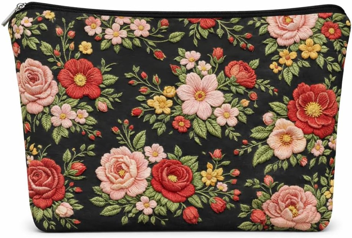 Make-uptas met bloemenpatroon - geborduurd polyester - dubbelzijdig - reistoiletorganizer voor vrouwen - ShopVlot