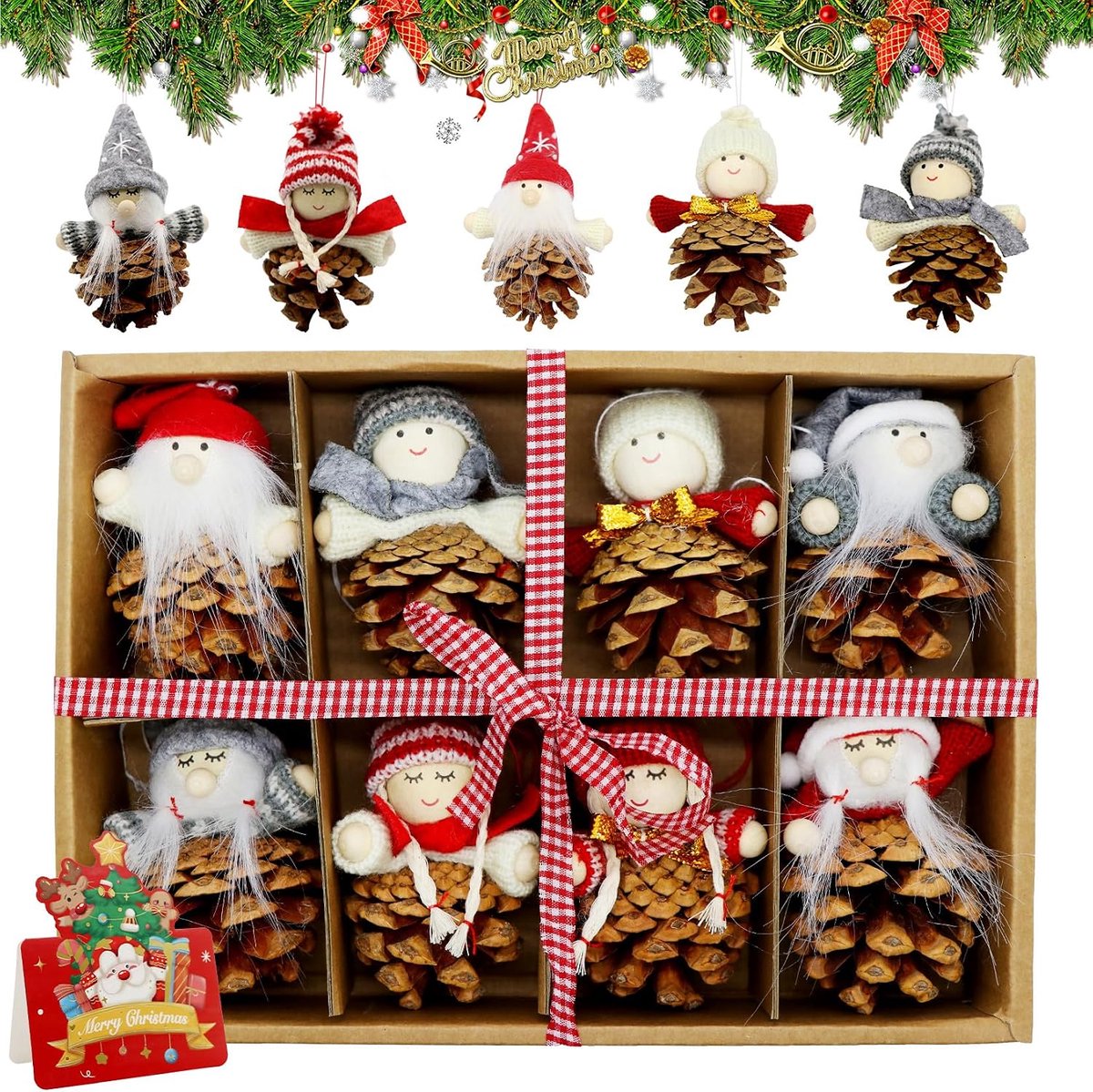 Kerstboomfiguren 8pcs - vintage houten gnomes - glimlachende smiley-gezichten - vrolijke decoratie - ShopVlot