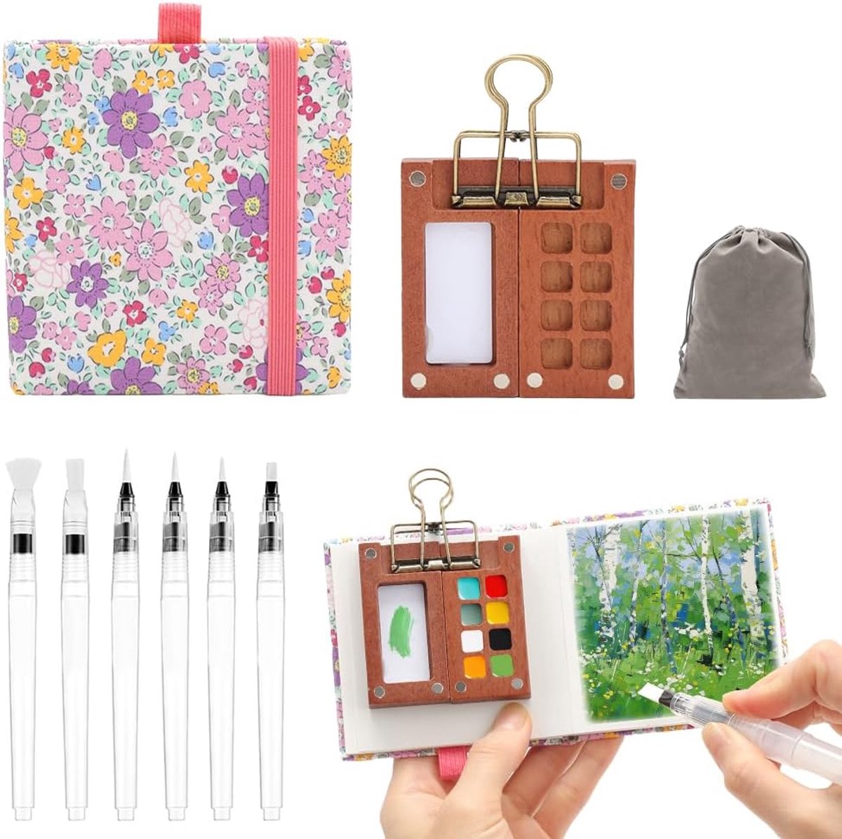 Mini aquarelset voor reizen - met bloemennotitieboek - 6 tankpenselen - ideaal voor buiten schilderen - ShopVlot