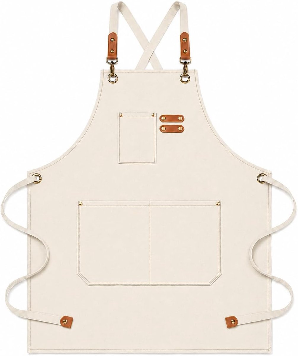 BOOWEN Unisex Apron Cotton Canvas Aprons with 3 Pockets Adjustable Size Men Kitchen Apron for Kitchen Grill Craft - ShopVlot