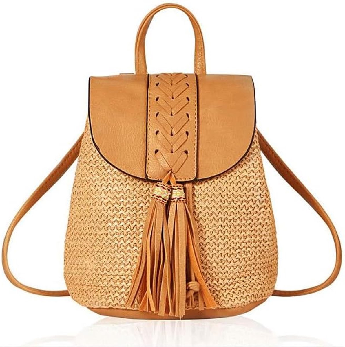 Straw Backpack Bohemian Straw Bag Hemmed Crochet Work for Women Straw Bag with Tassels for School Shopping Travel Work - ShopVlot