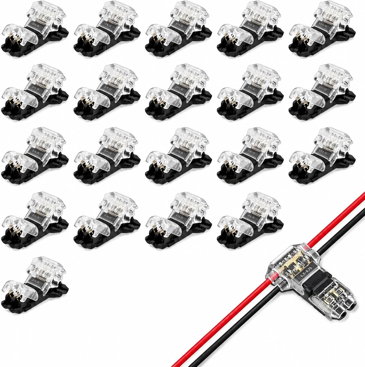 20 stuks 2-polige T-connector, soldeervrije elektrische stekker voor kabels 20-22 AWG, snelkoppelingen zonder solderen - ShopVlot