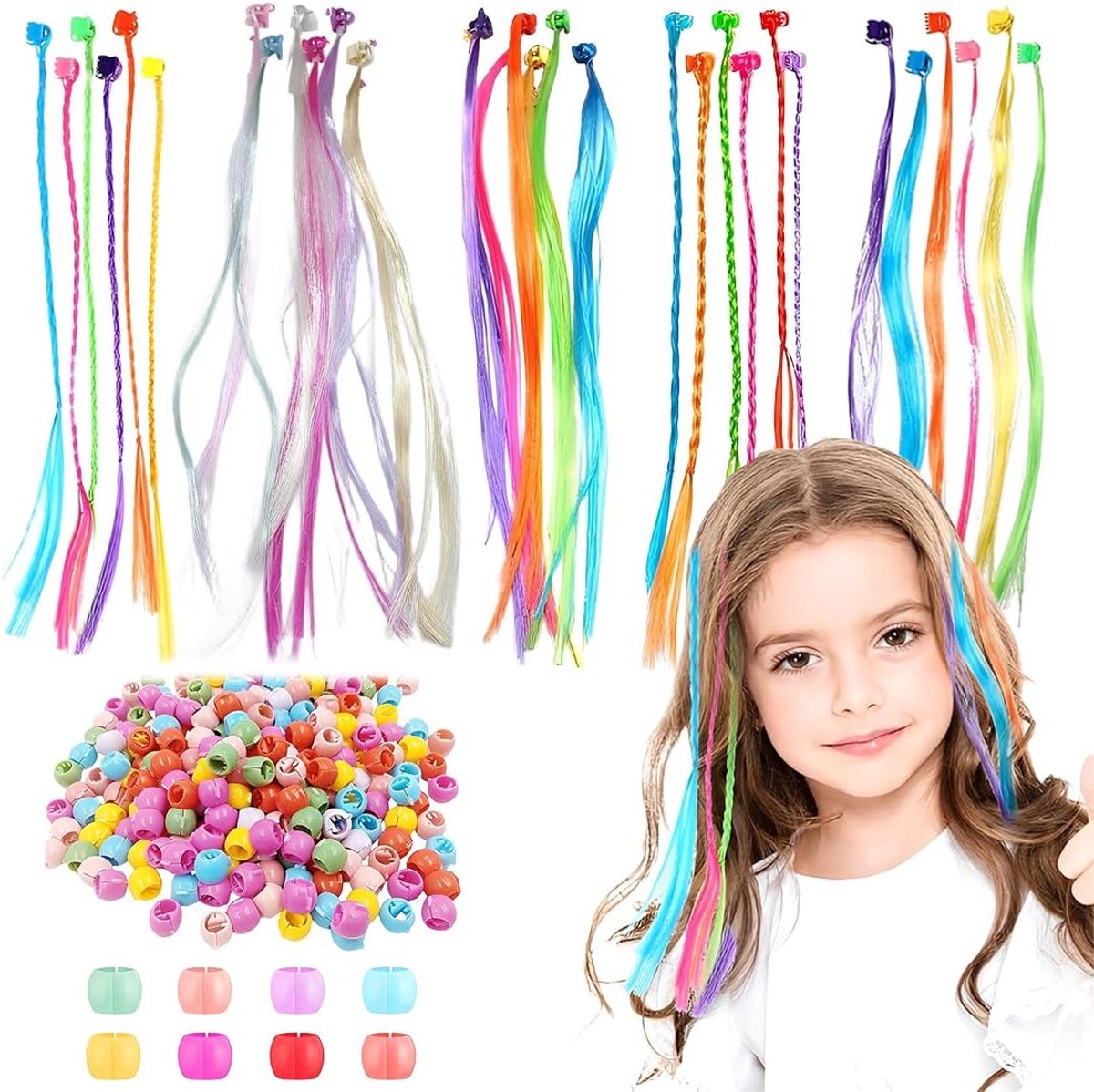 Kinderen Haar Strengen Set - 30 Kleurrijke Haarstrengen met Clips - 100 Haarbeads voor Feestaccessoires - ShopVlot