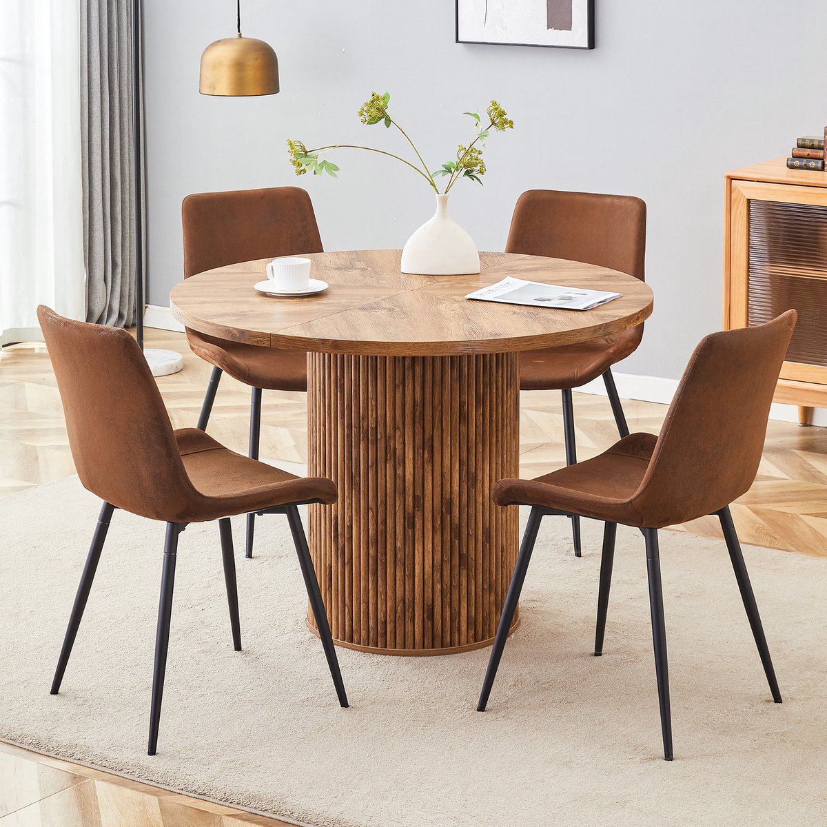 COVREO Eettafel set 100 cm bruin zwart, houtlook MDF met 4 stoelen