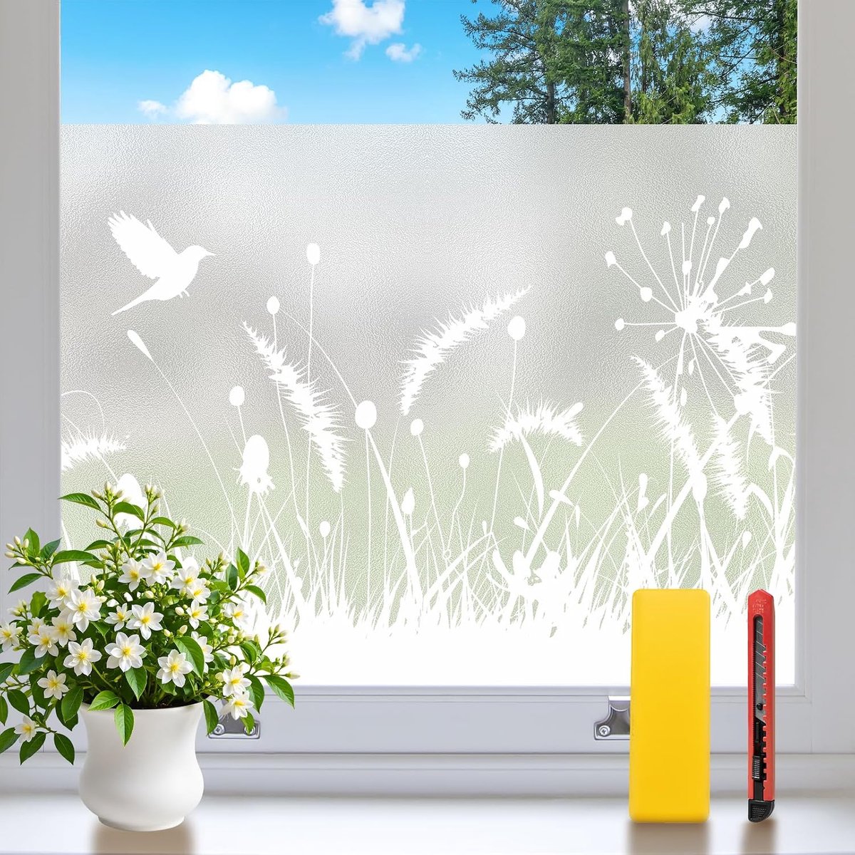 Decoratieve inkijkbescherming voor ramen 44,5 x 120 cm - anti-UV folie - met kruiden en vogels - ShopVlot