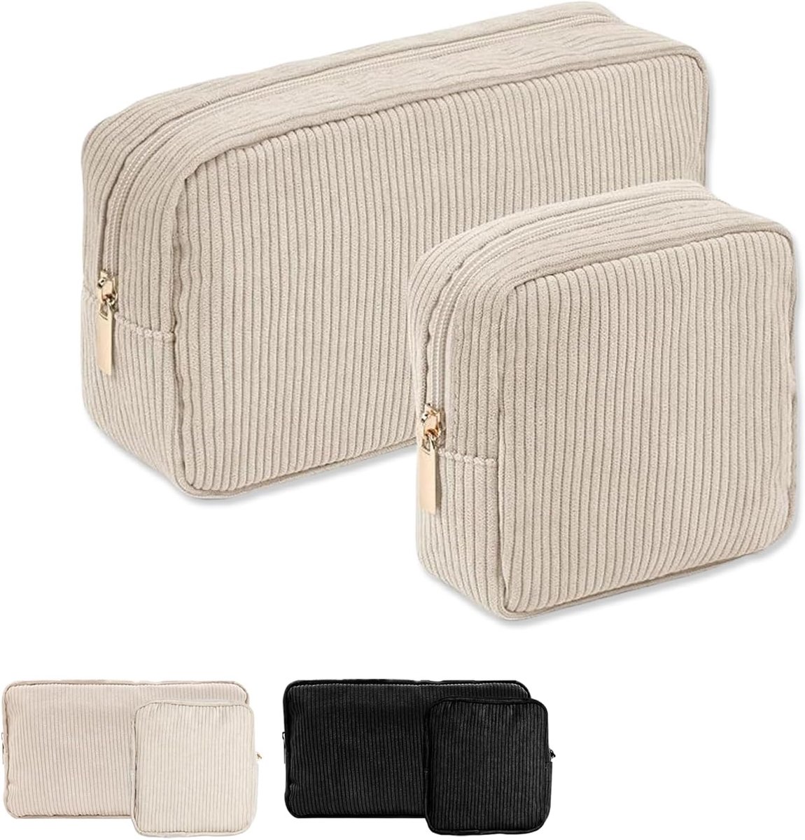 Make-up tas 2-delig - beige - met metalen rits - ideaal voor onderweg - ShopVlot
