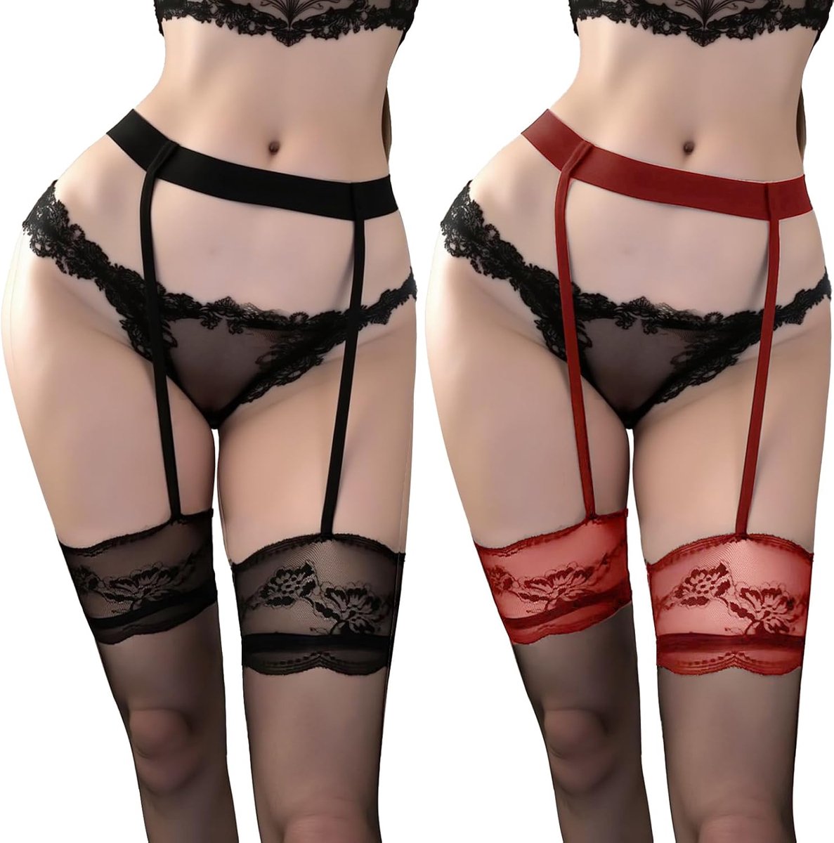 Dames suspenderkousen 2 paar - zwart + zwart-rood - sexy design - voor een verleidelijke uitstraling - ShopVlot