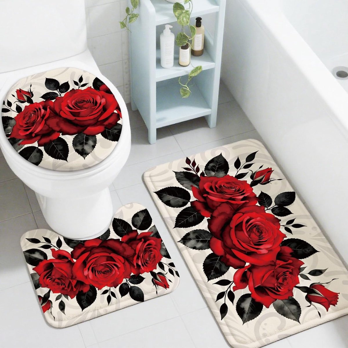 badmatten set 3 stuks - bloemenpatroon - antislip - wasbaar voor badkamer - ShopVlot