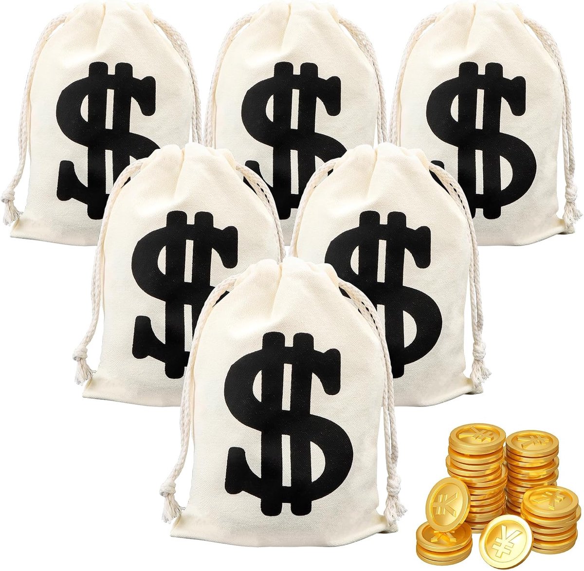 Zakken met geld 6 stuks - beige - trekkoord - ideaal voor feestje of cosplay - ShopVlot