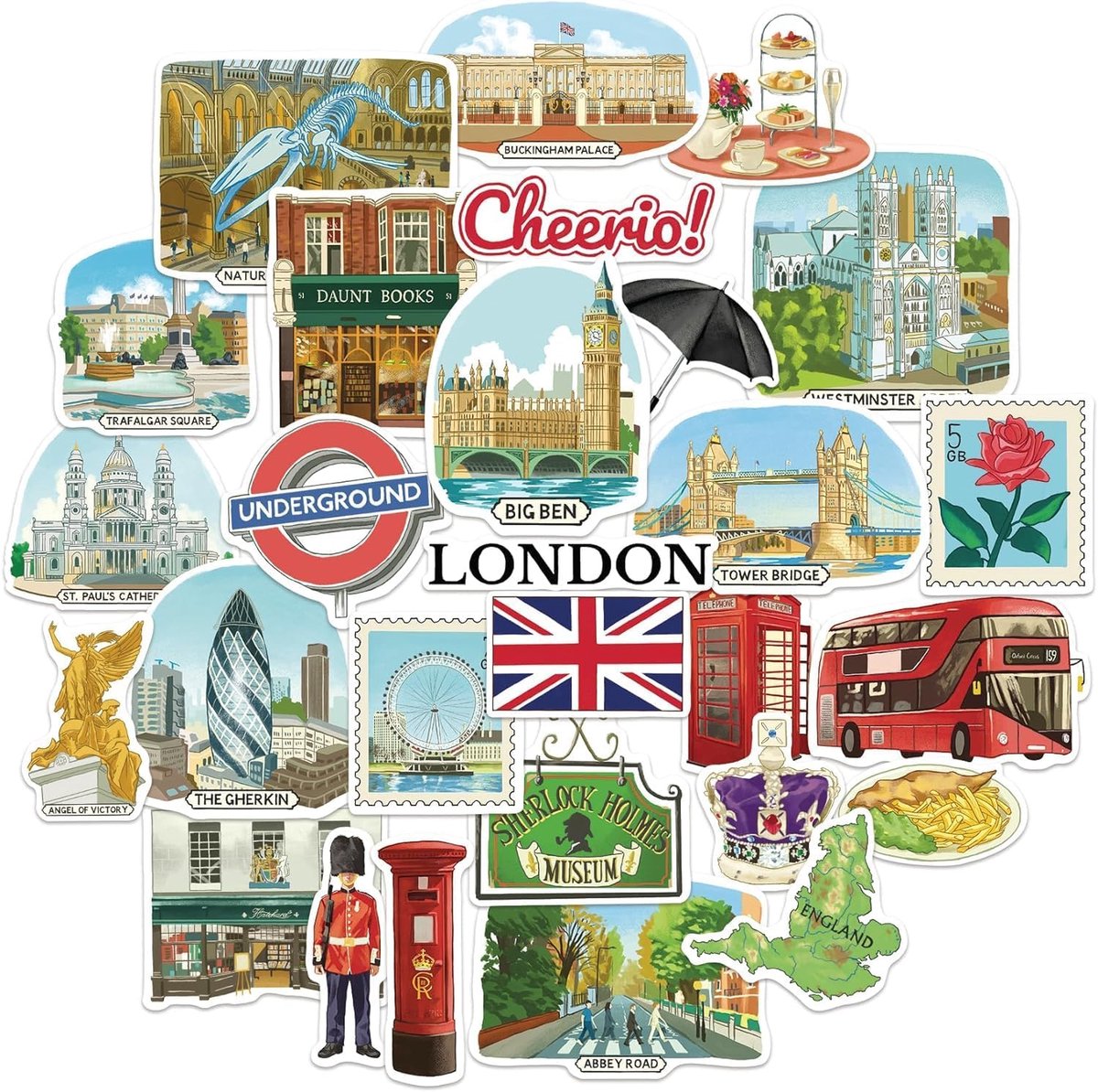 Navy Peony Print London Travel Stickers (28 pieces) -- For Scrapbooks, Journals - ShopVlot