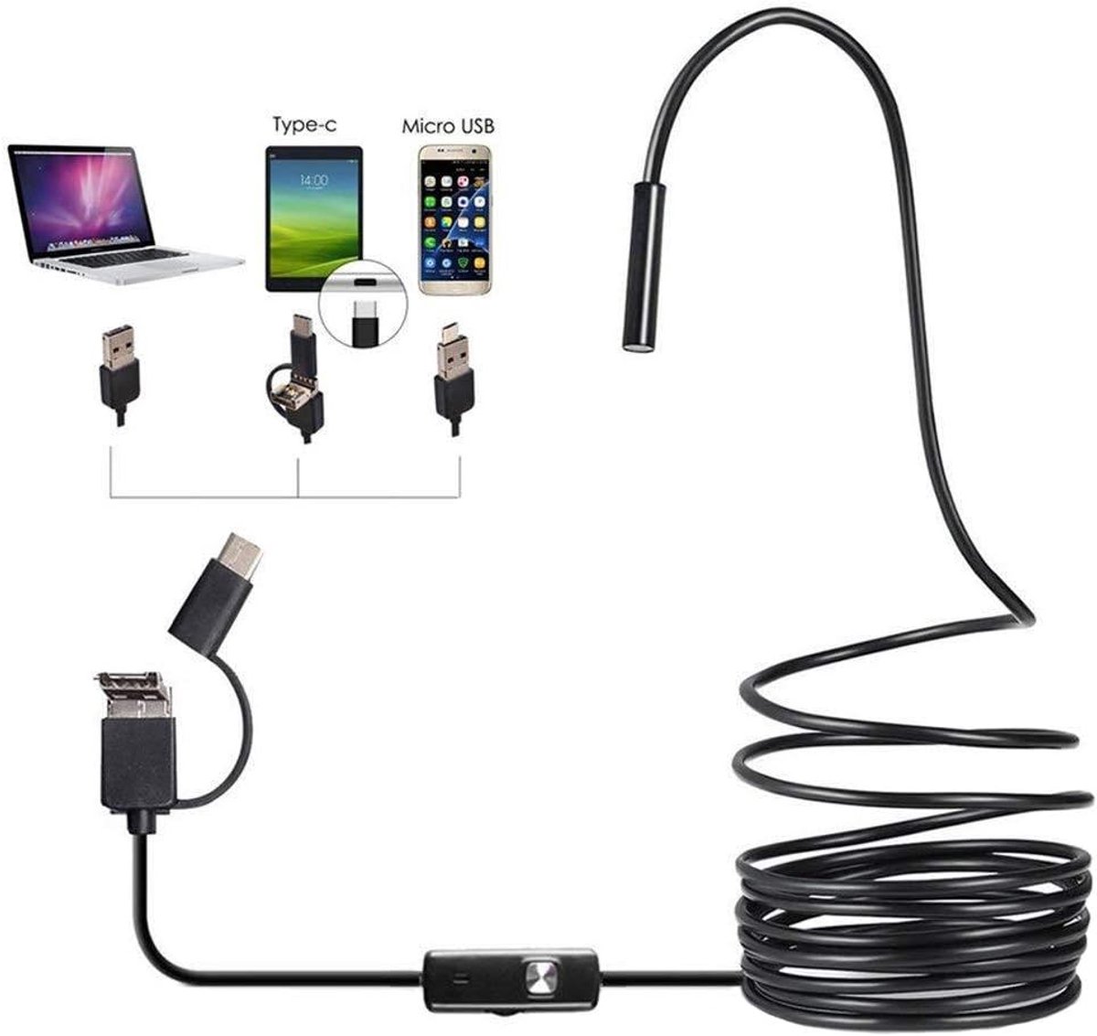 Endoscope Camera, Industrial HD 6 LEDs, Flexible Type C 3-in-1 Laptop Camera, Waterproof, Black, 1 Metre - ShopVlot