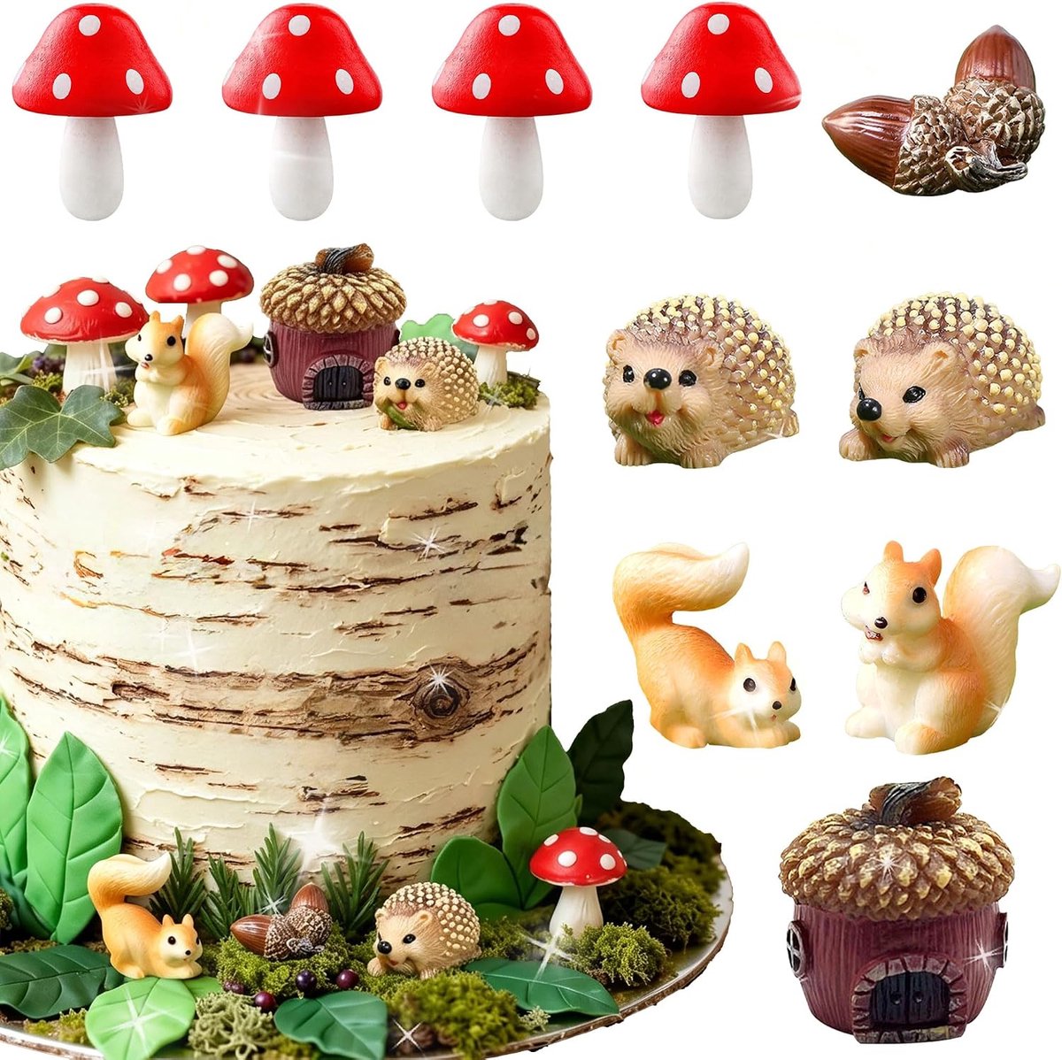 wouddieren keukenfeest bos paddenstoel verjaardag decoratie - wouddier taartversiering boszwam feeënhuisje miniatuur - ShopVlot