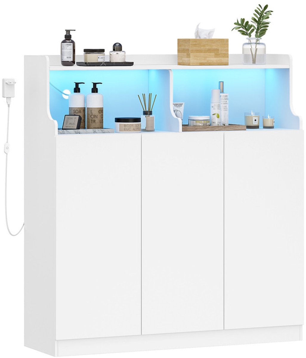 Hzuaneri Badkamerkast, badkamerkast met verlichting, 3 deuren,Bijzetkast, keukenkast met verstelbare planken, voor woonkamer, badkamer 30 x 100 x 107 cm, wit
