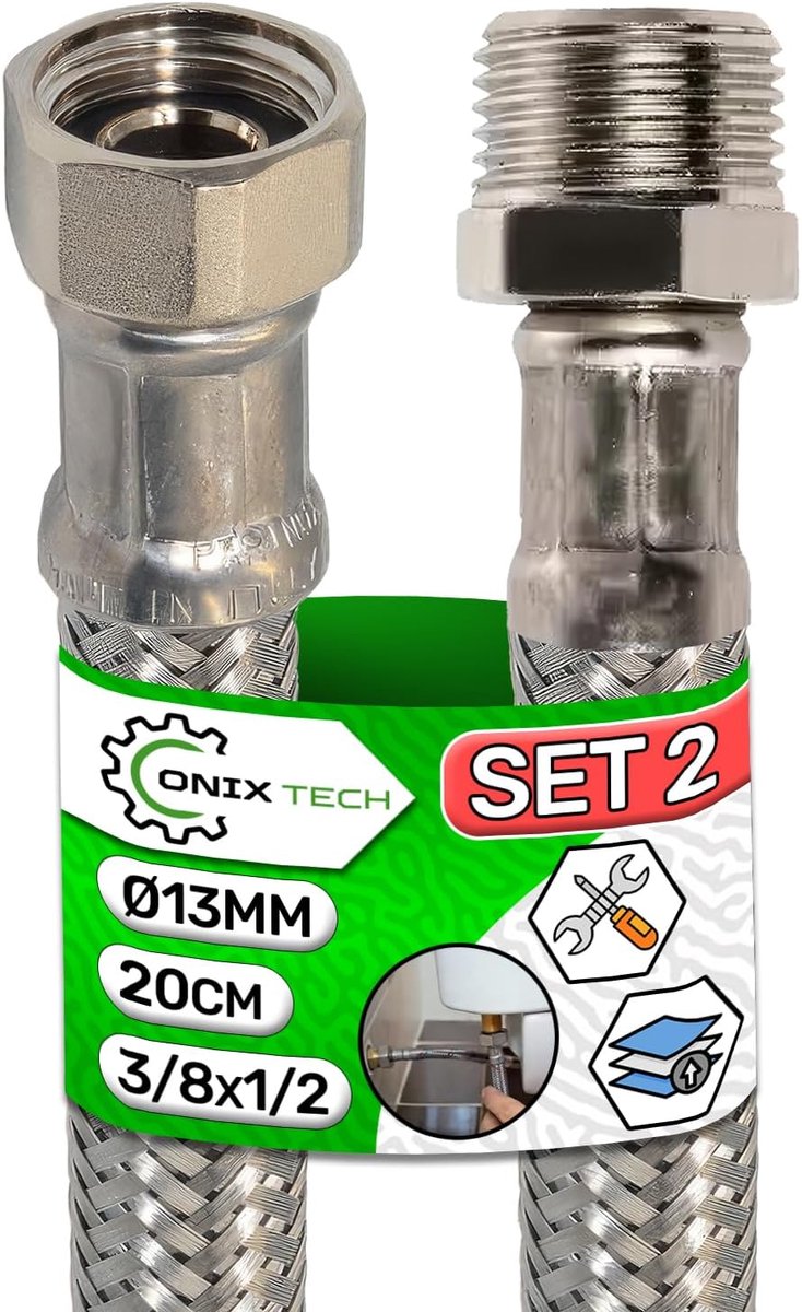 2 pieces sanitary hoses made of stainless steel, length 20 cm, diameter 13 mm, connector type 3/8 inch x 1/2 inch - ShopVlot