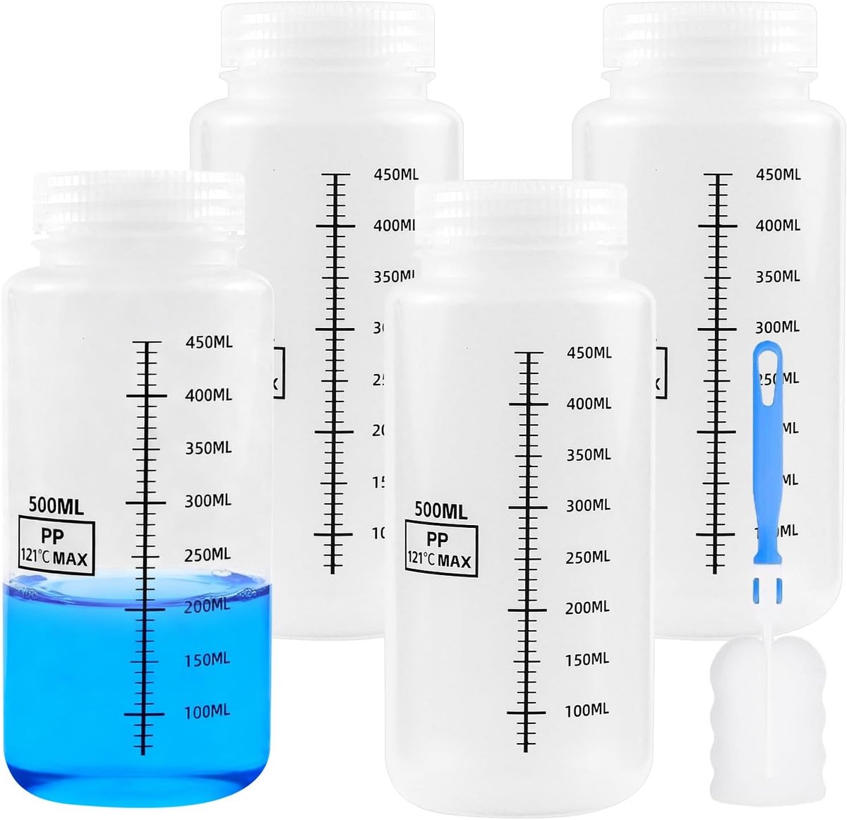 4pcs 500ml Wide Neck Bottle Plastic with Cleaning Brush, PP Material, Laboratory Test Tubes, Plastic Bottles for - ShopVlot