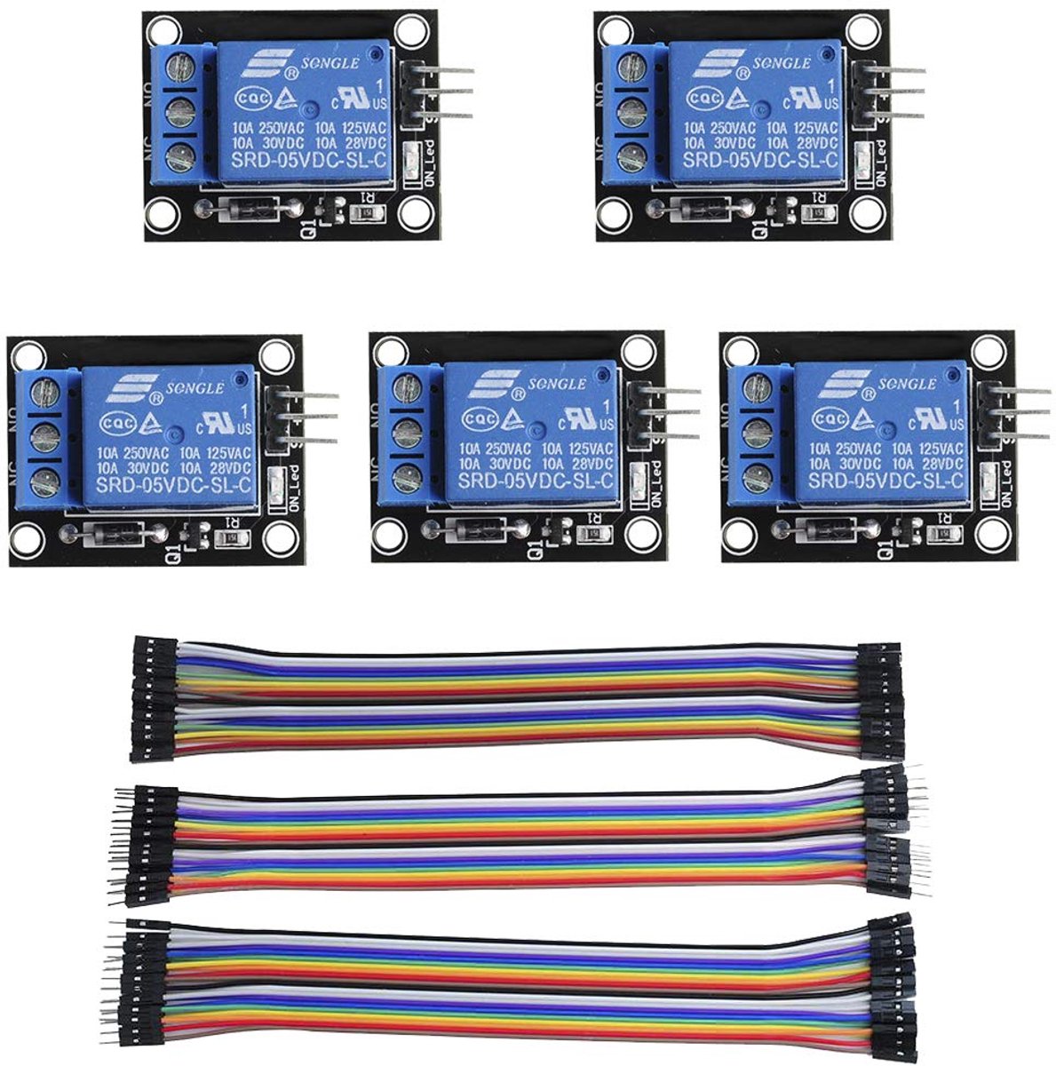 relay module SRD-05VDC-SL-C with 20 cm 20-pole Dupont cable for Arduino, 5 pieces - ShopVlot