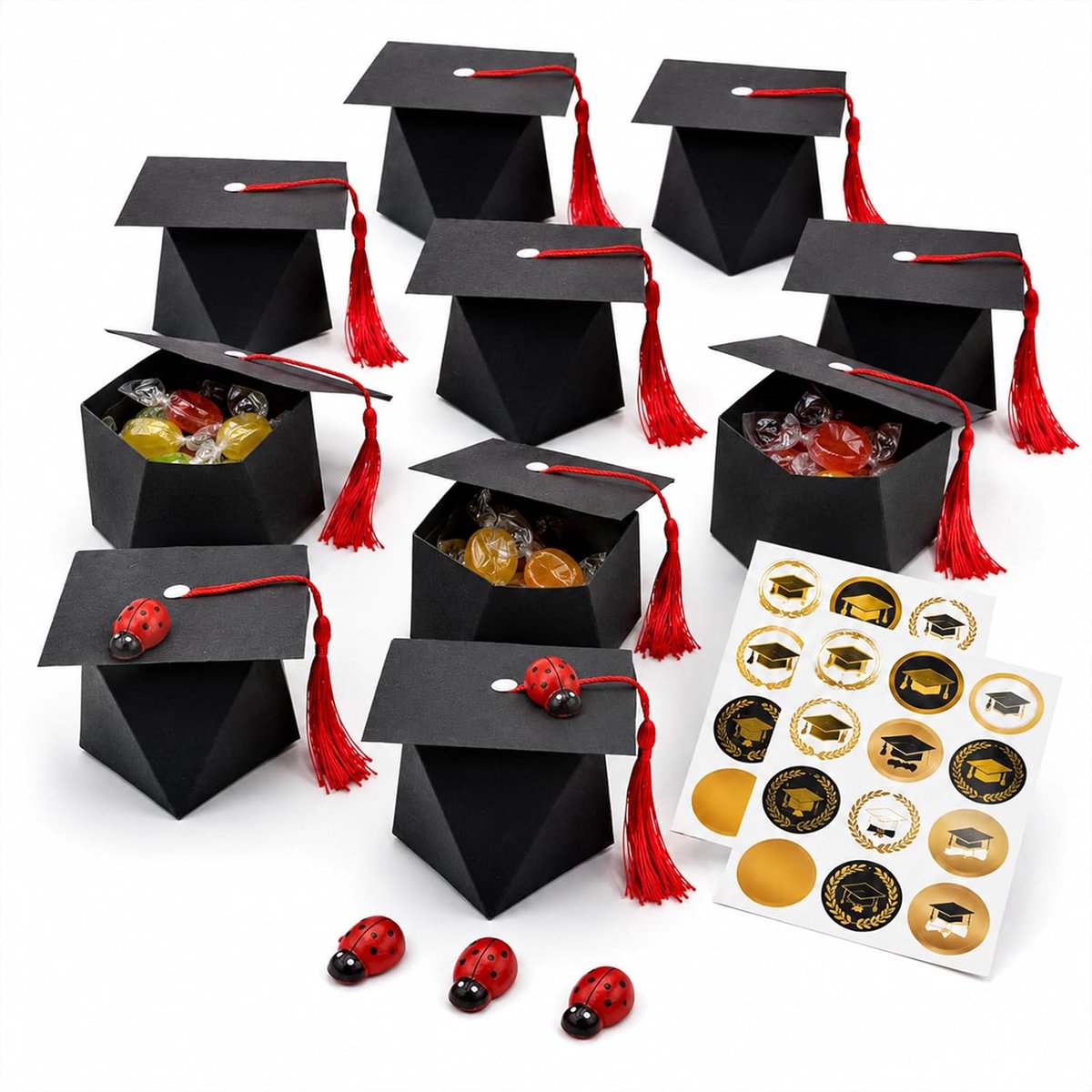 Afstudeerhoed geschenkdoos set 10 stuks - rode kwastjes - lieveheersbeestjesdecoratie - perfecte tafeldecoratie - ShopVlot