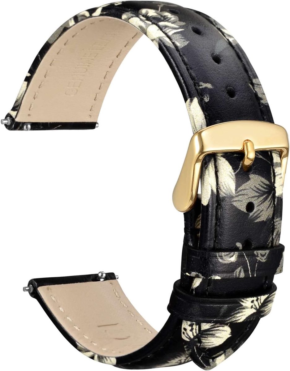 Horloge band 18mm 20mm 22mm - Leer met bloemenprint - Snelle sluiting - Elegante uitstraling - ShopVlot