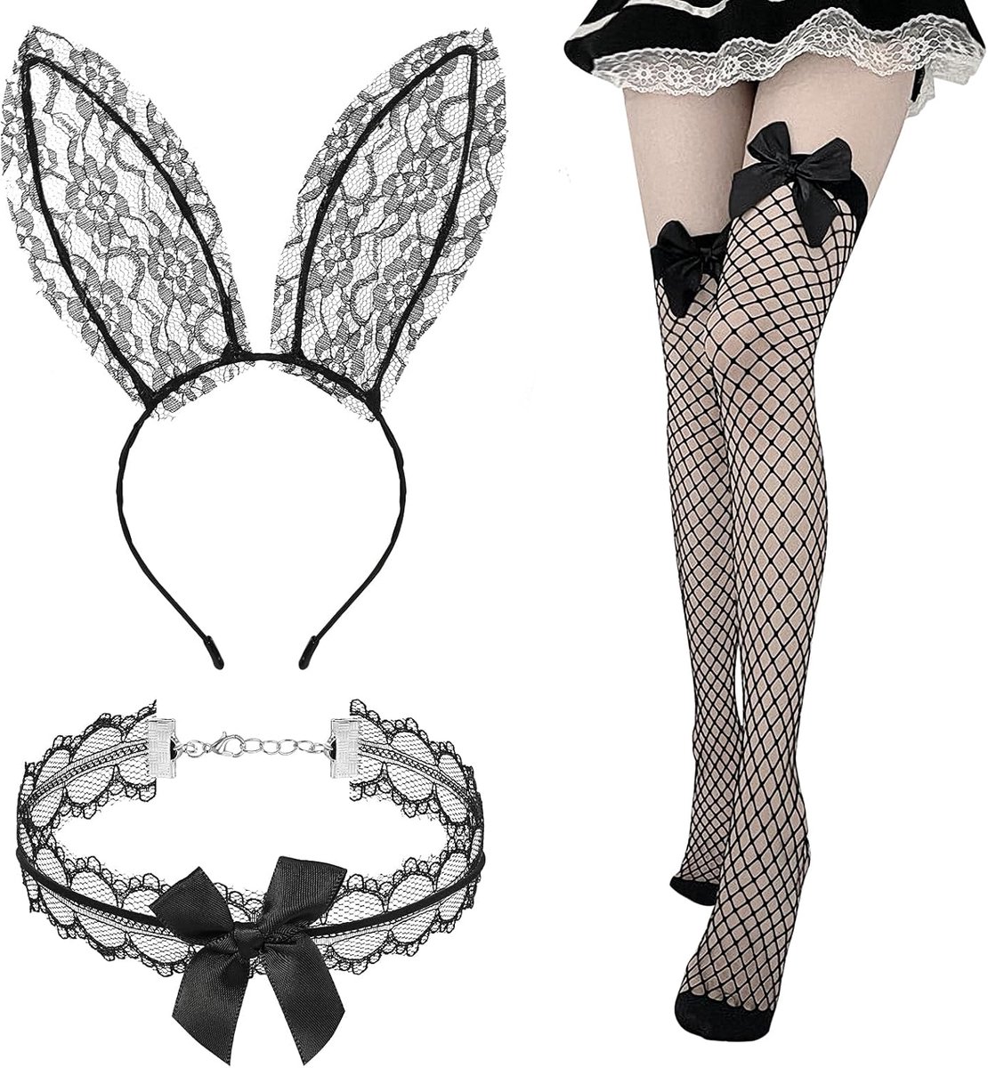 Bunny kostuum dames - sexy zwart - met kant konijnenoren - perfect voor feestjes - ShopVlot