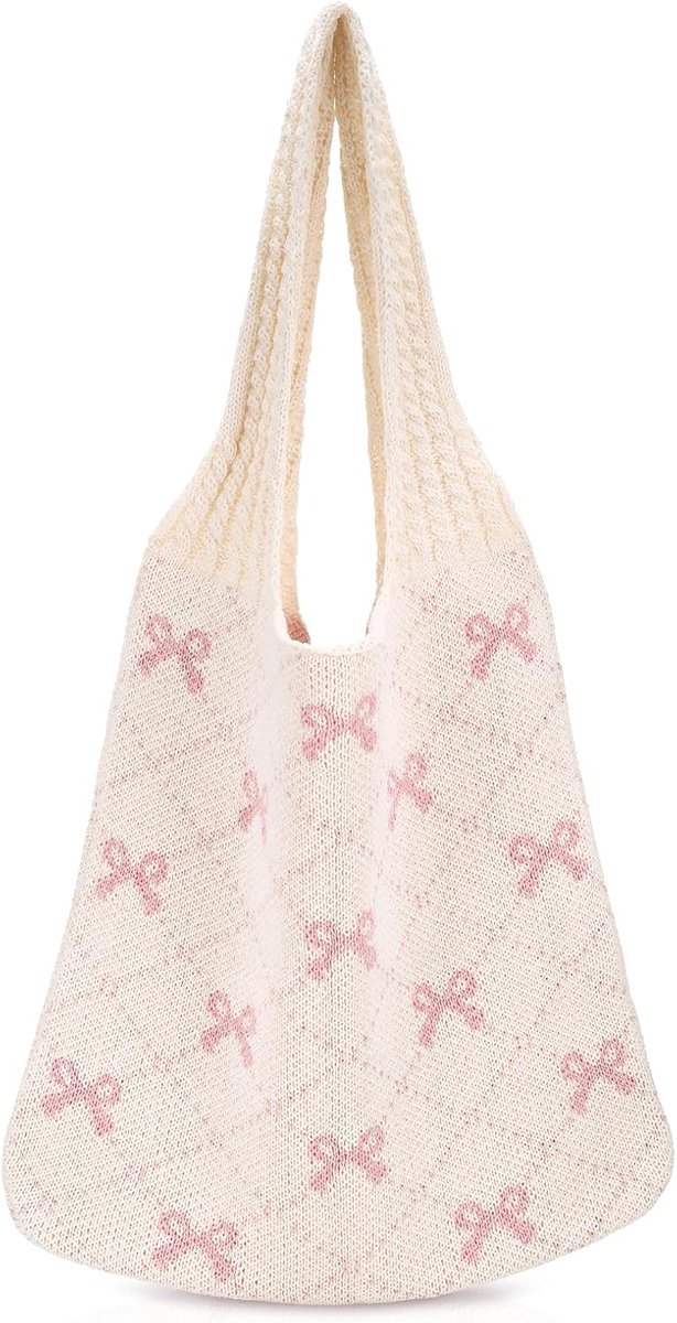 Tote tas voor vrouwen - gebreid - roze strik - ideaal voor strand - ShopVlot