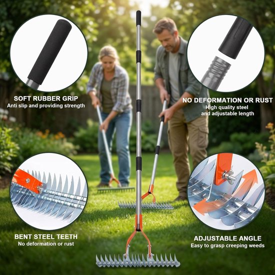 Scarifier rake 170 cm - metalen handscarifier - verstelbaar - voor het reinigen van dode gras - ShopVlot — afbeelding 3