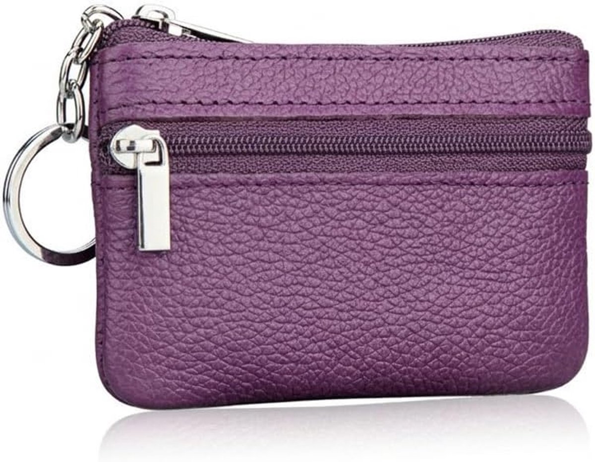 Mini-portemonnee dames klein - echt leer paars - ritssluiting - compact voor munten en kaarten - ShopVlot