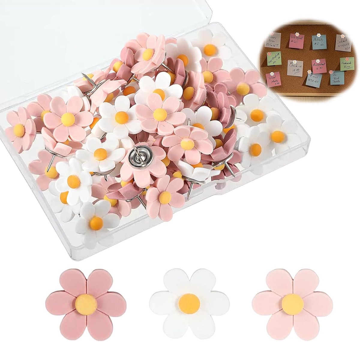 Bloemen punaises 50 stuks - kleurrijk - decoratieve priknaalden - voor prikbord en muurdecoratie - ShopVlot