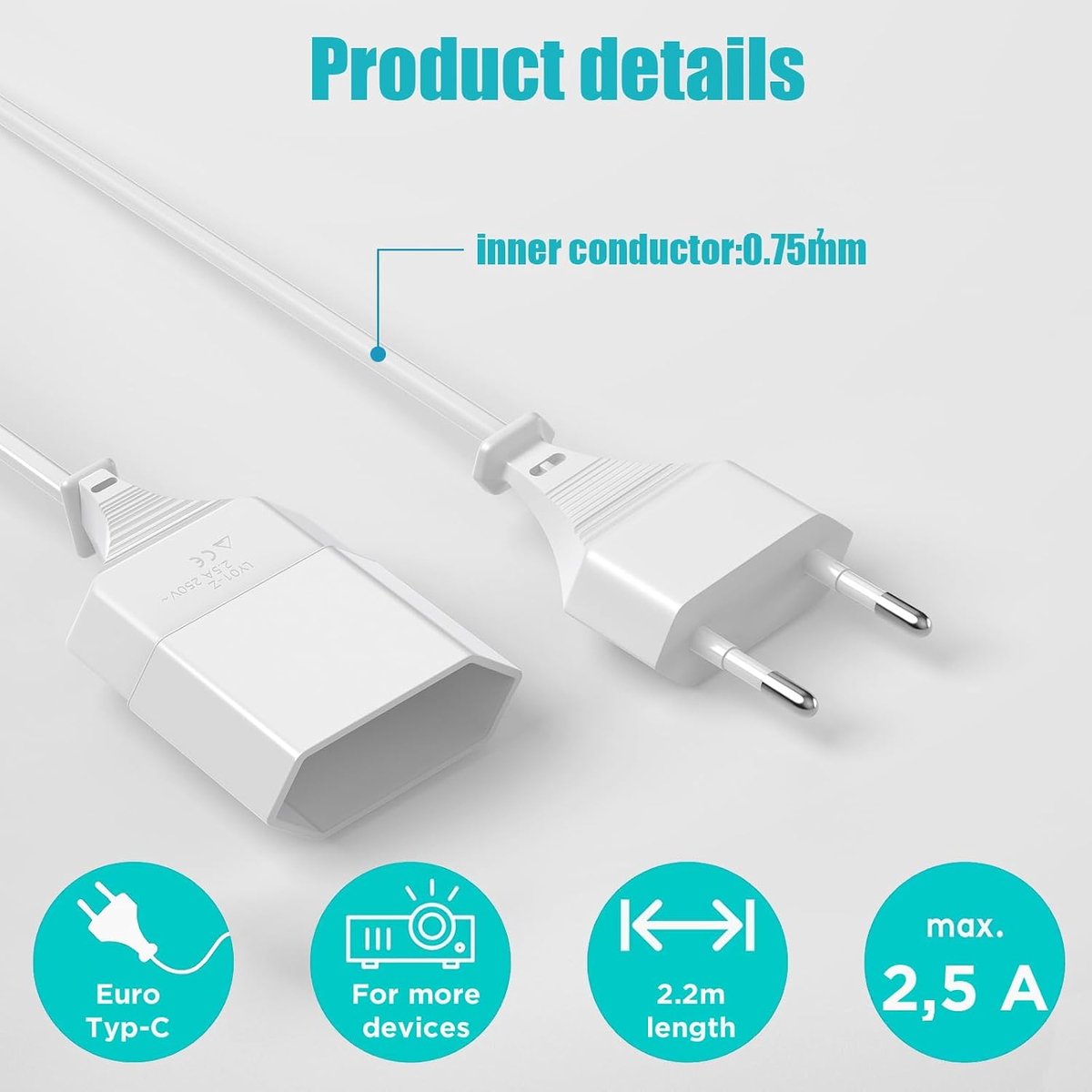 Verlengsnoer 5 m - 3-in-1 verlengkabel - Type C en Euro stekker - Ideaal voor meerdere apparaten - ShopVlot