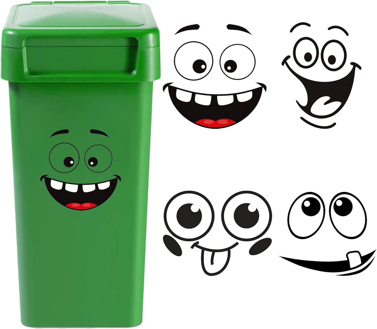 Vuilnisbak Stickers - 4 Bladen Cartoon Gezichtsuitdrukkingen - Zelfklevend - Geef je vuilnisbak karakter! - ShopVlot
